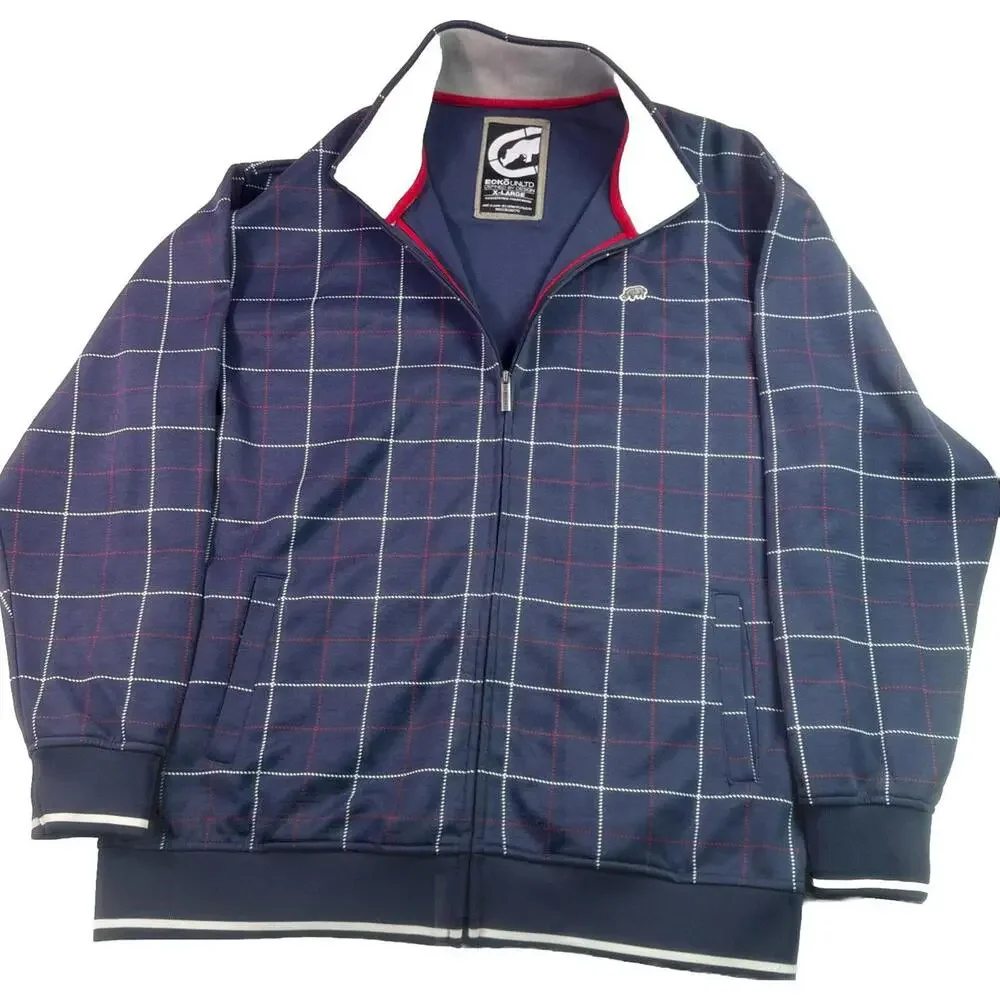 Ecko Unltd Track Jacket Mens XL Blue Plaid Full Zip Embroidered Hip Hop Y2K